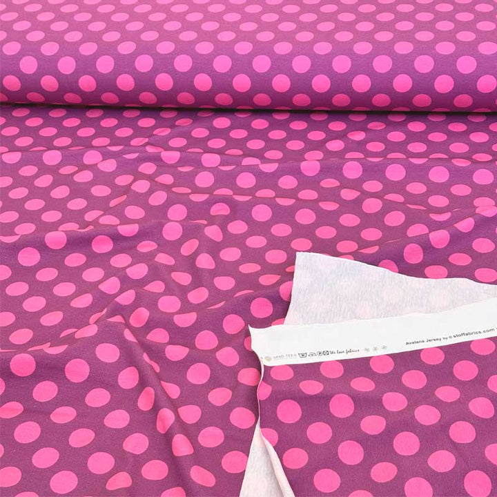 Bomuldsjersey i lilla med pink prikker