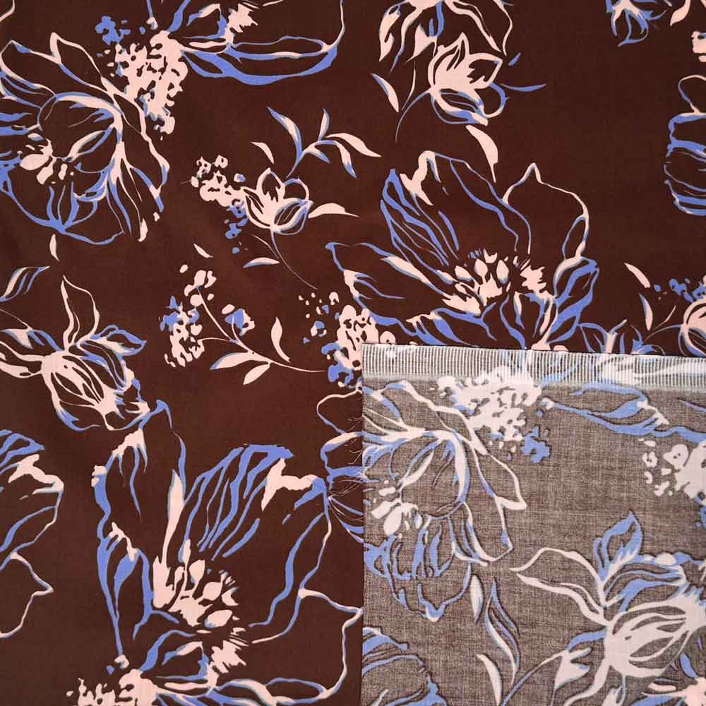 Fast bomuldssatin med art blomster i brun