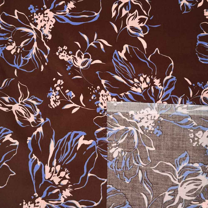 Fast bomuldssatin med art blomster i brun