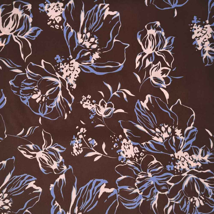 Fast bomuldssatin med art blomster i brun