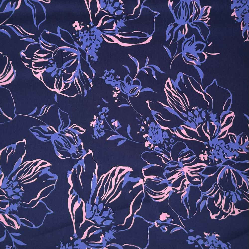 Fast bomuldssatin med art blomster i blå