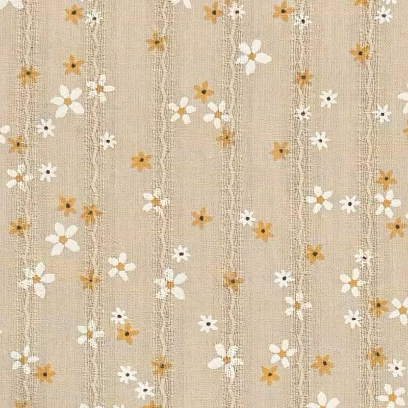 Bomuldsvoile med blomster på vævede striber i gul
