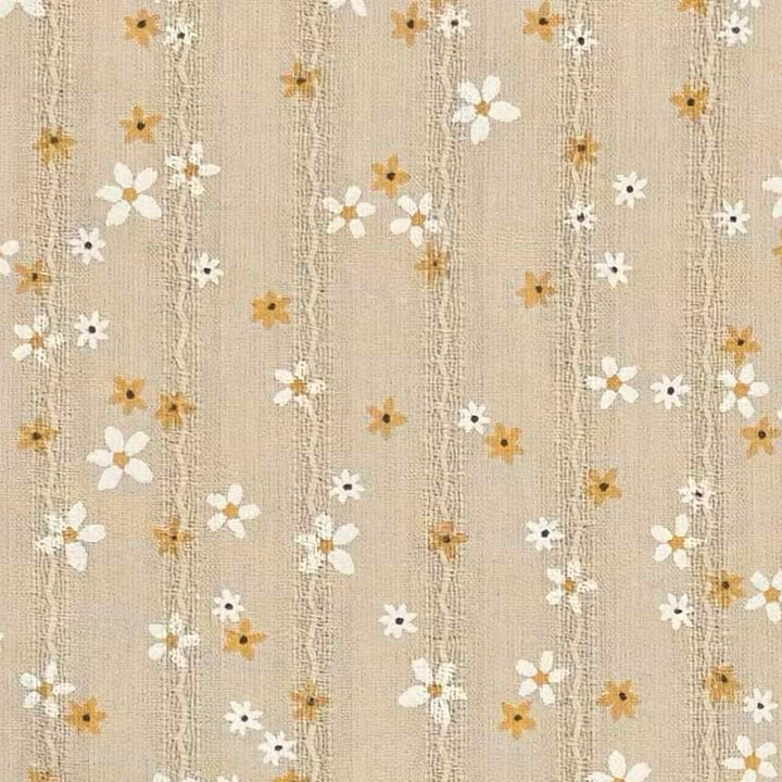 Bomuldsvoile med blomster på vævede striber i gul