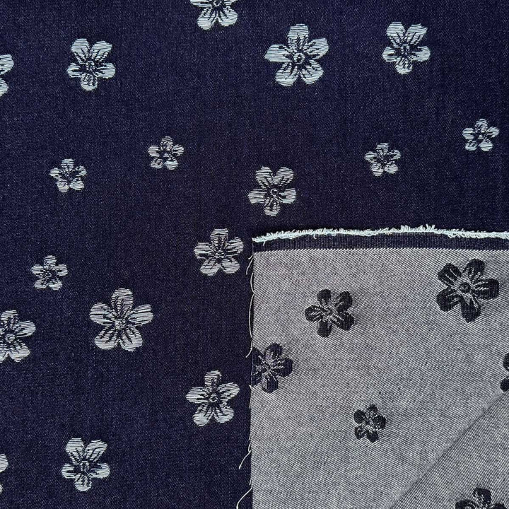 Denim med vævede blomster i marineblå