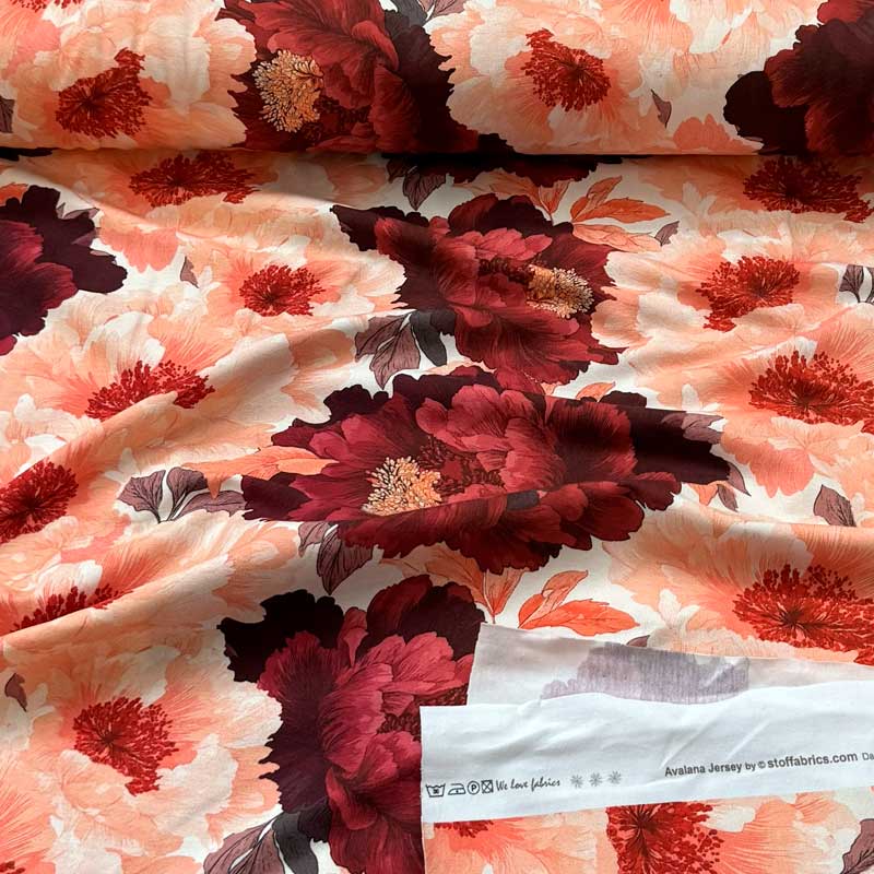 Digital bomuldsjersey med store fantasi blomster