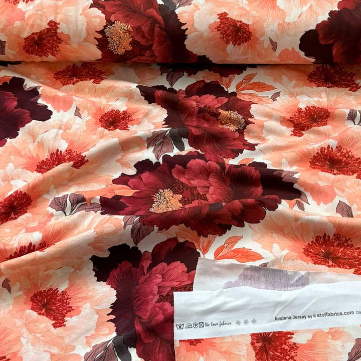 Digital bomuldsjersey med store fantasi blomster