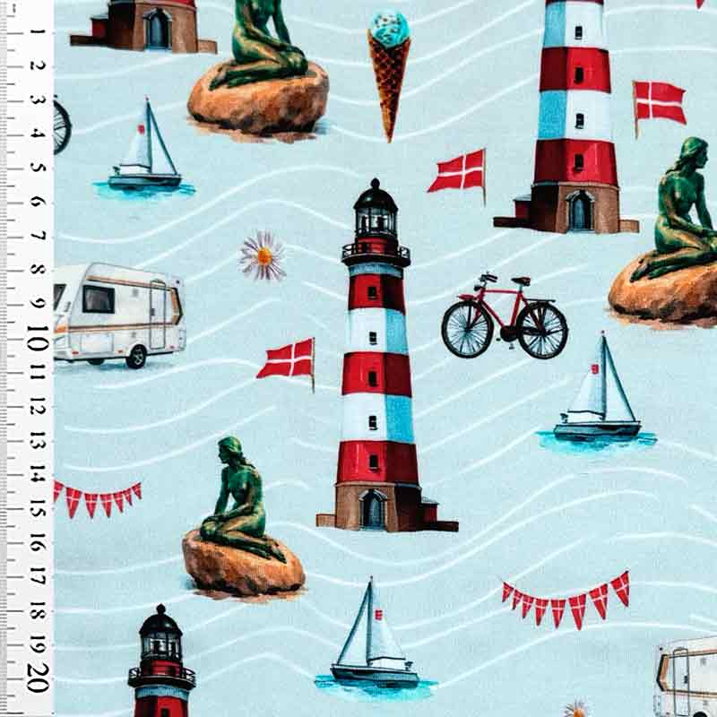 Digital bomuldsjersey med danske feriemotiver i lyseblå
