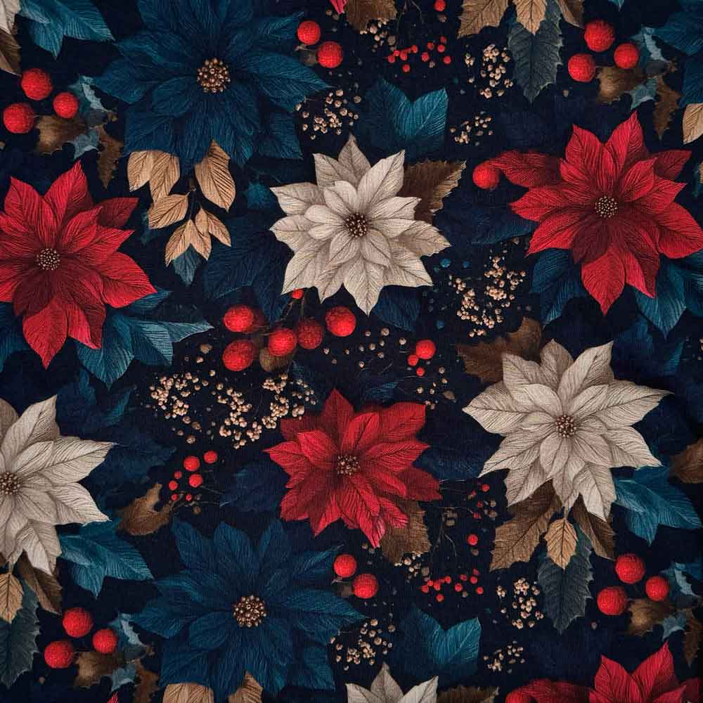 Digital bomuldsjersey med julestjerner blomster