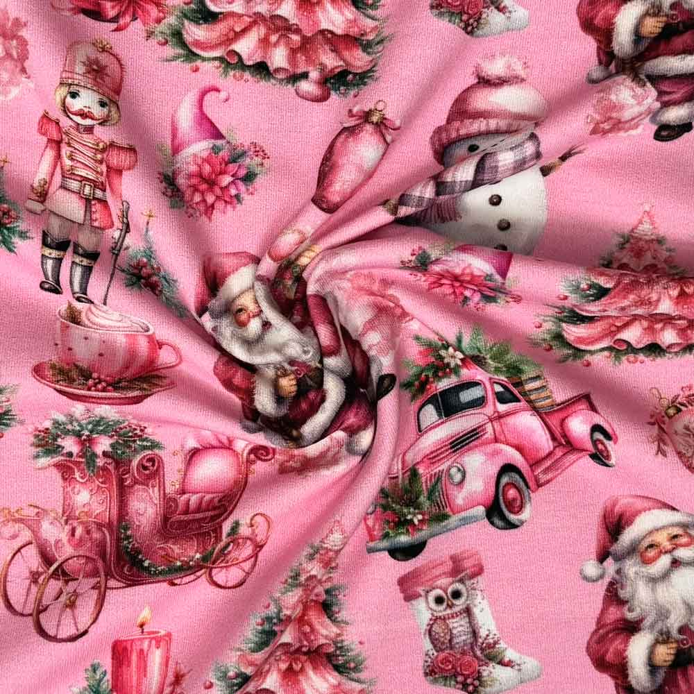 French Terry med juleikoner i pink