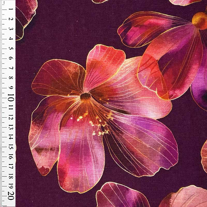 Fast hør bomuld med store guldblomster