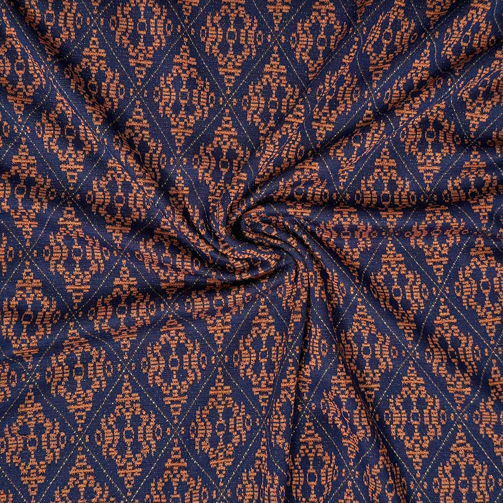 Italiensk viscose jacquard blå/orange med lurex