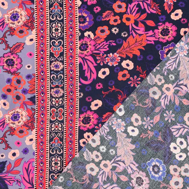 Fast digital viscose med grafisk blomster motiv