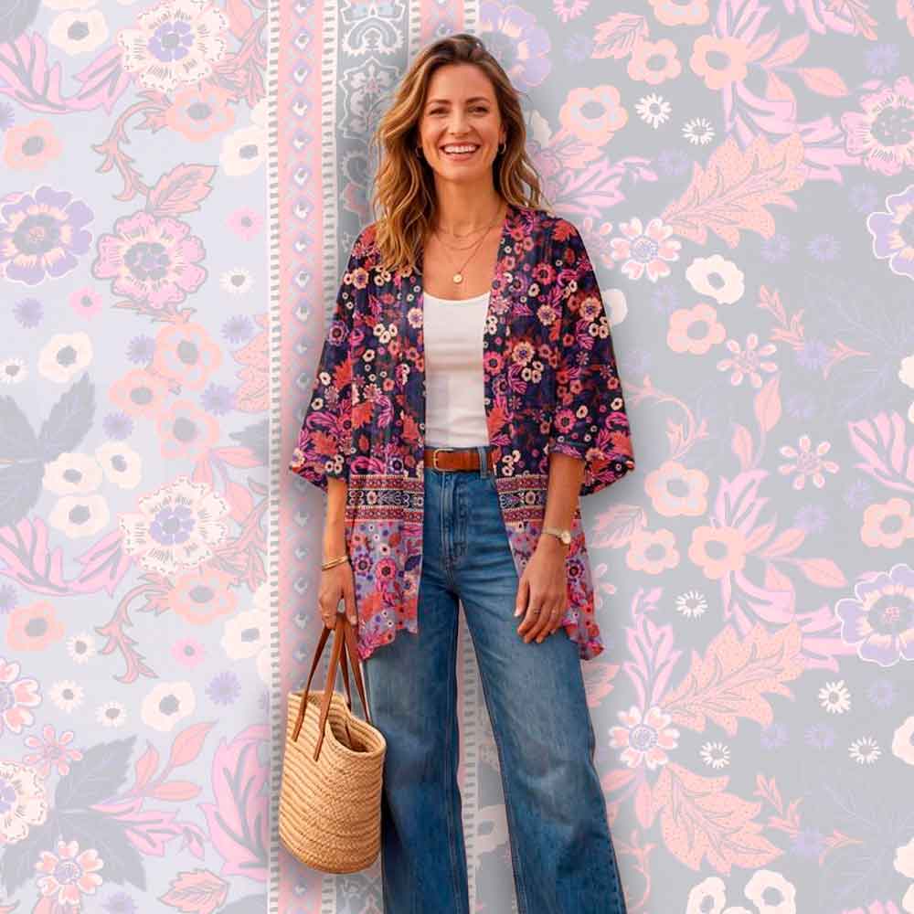 Fast digital viscose med grafisk blomster motiv