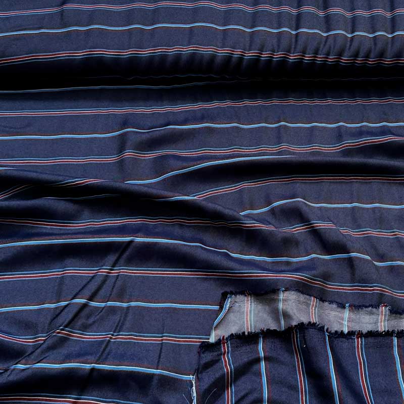 Viscose satin med striber i marineblå