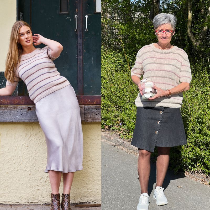 stribet t-shirt strikket i Leonora garn fra Permin
