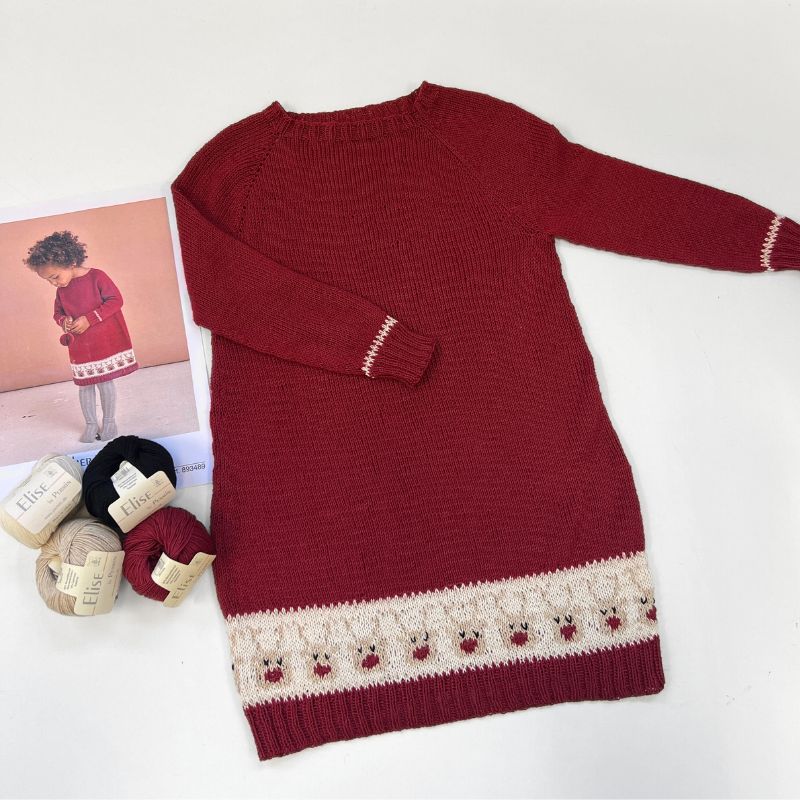 Strikkekit Julekjole til børn med Rudolf i Elise garn