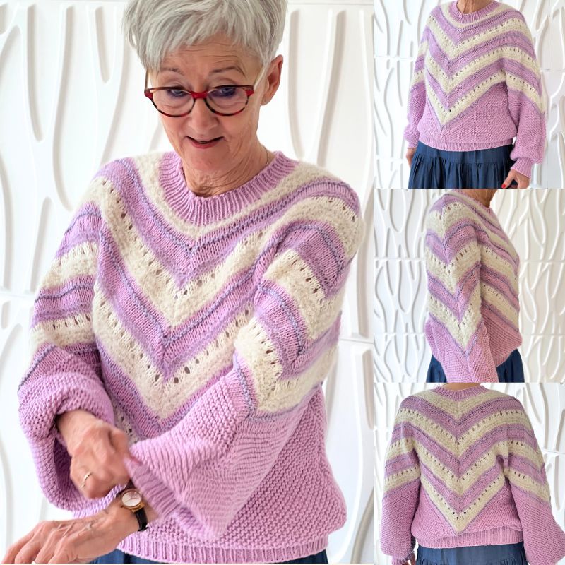 Retro strikbluse i lilla/rosa og råhvide skråstriber