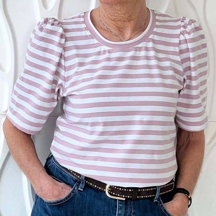 Sypakke til nem T-shirt B1265 med pufærmer i stribet bomuldsjersey