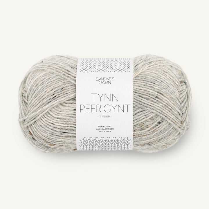 Tynd Peer Gynt garn fra Sandnes Garn Lys gråmeleret med natur tweed
