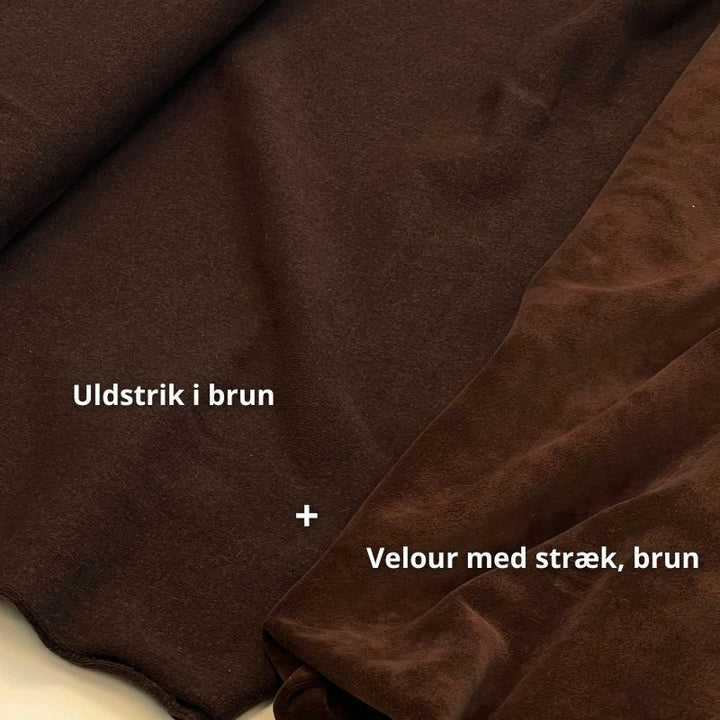 Sypakke Hoodie Halsedisse A908 i strikstof Uldstrik i brun (60 cm) + velour med stræk i brun (60 cm) som foer