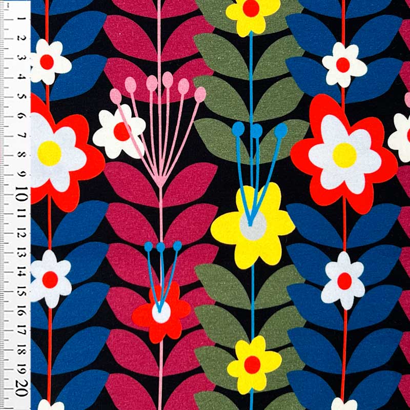 Bomuldsjersey med grafiske blomster på række - KreStoffer