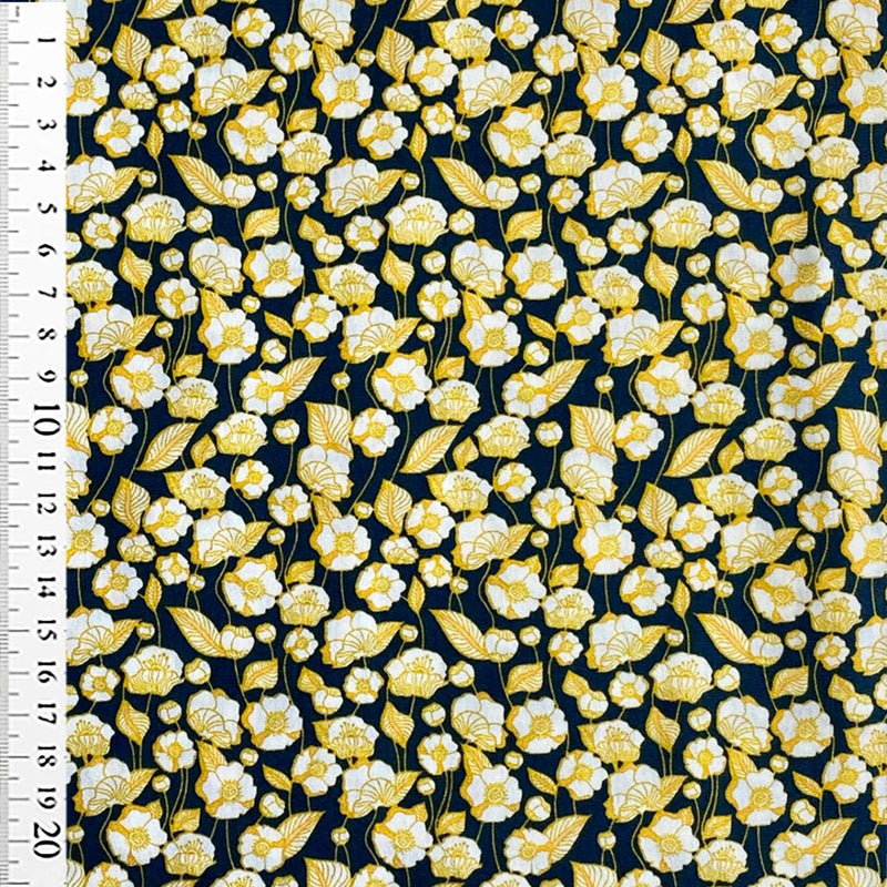 Bomuldspoplin med gule blomster - KreStoffer