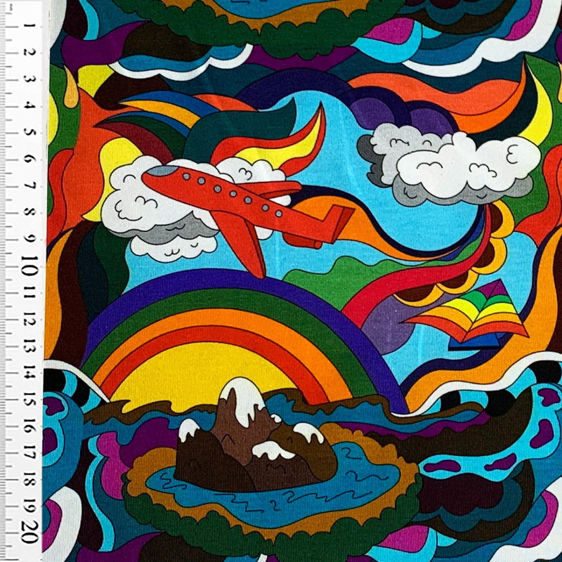 Digital bomuldsjersey med regnbuer og røde fly - KreStoffer