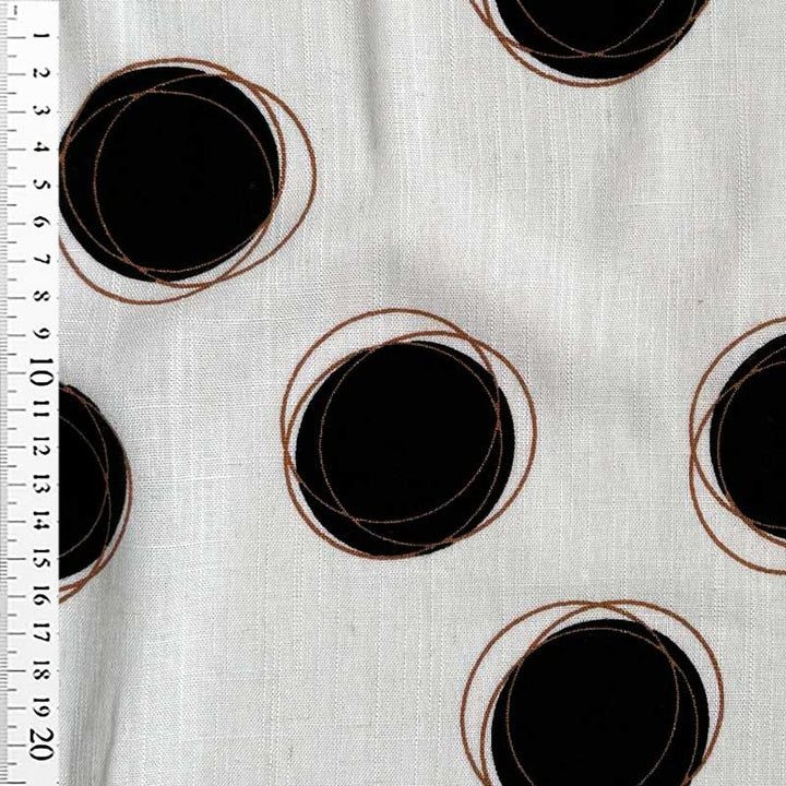 Fast viscose / hør med sorte prikker og gyldne cirkler