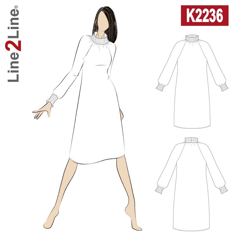 Line2Line K2236 Raglan kjole med smock krave - KreStoffer