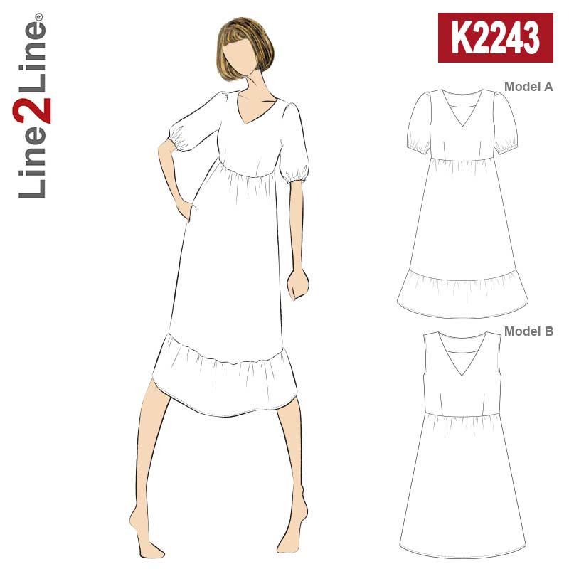 Line2Line K2243 Kjole med flæser og pufærmer til fast stof - KreStoffer