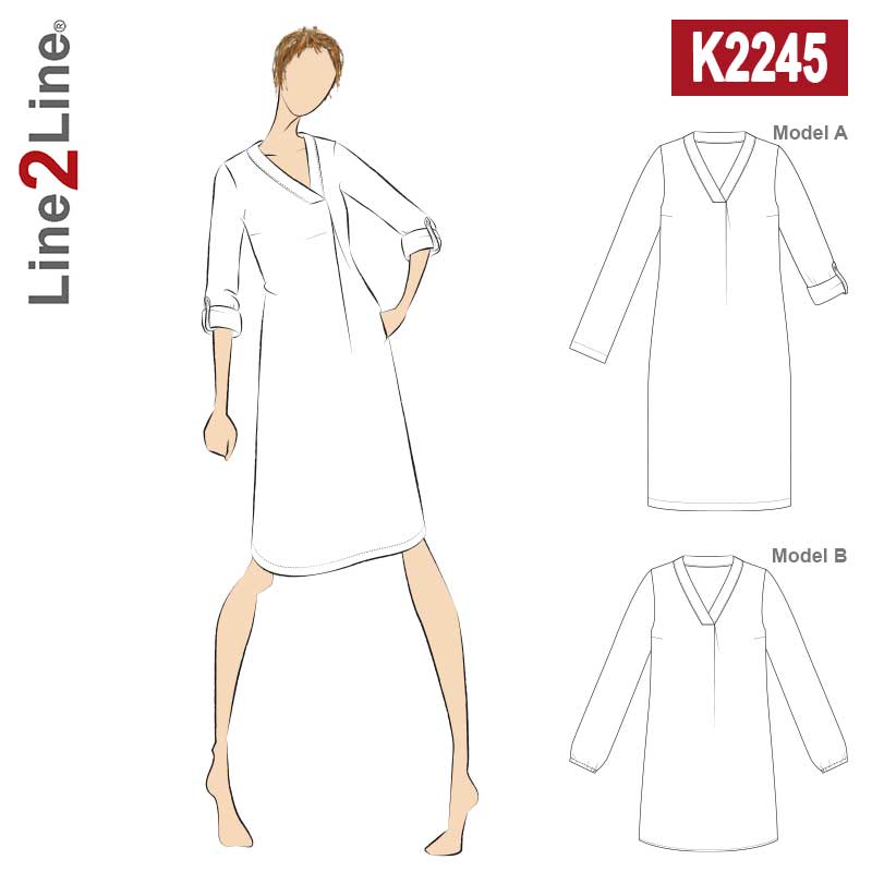 Line2Line K2245 Skjortekjole med læg og v-hals - KreStoffer