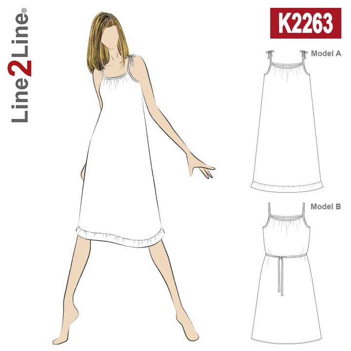 Line2Line K2263 Løssiddende stropkjole med flæse