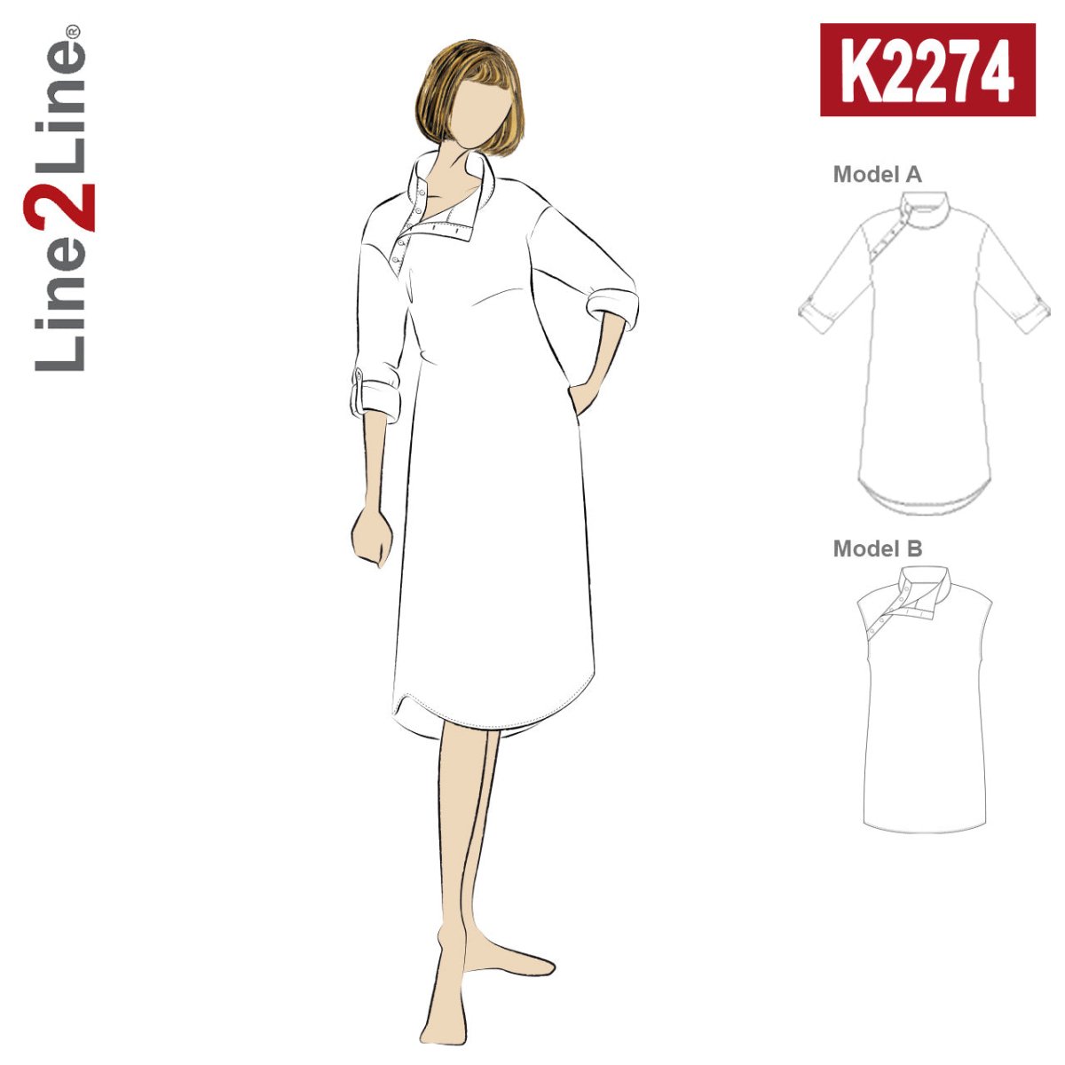 Line2Line K2274 Kjole med ståkrave og skrå stolpe