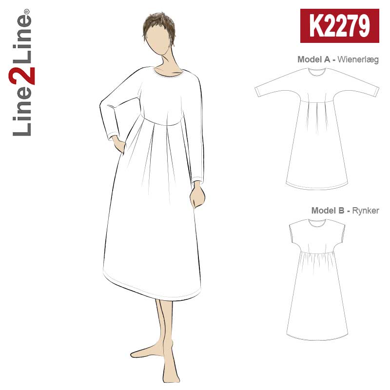 Line2Line K2279 Løs Flagermuskjole med wienerlæg / rynk - KreStoffer