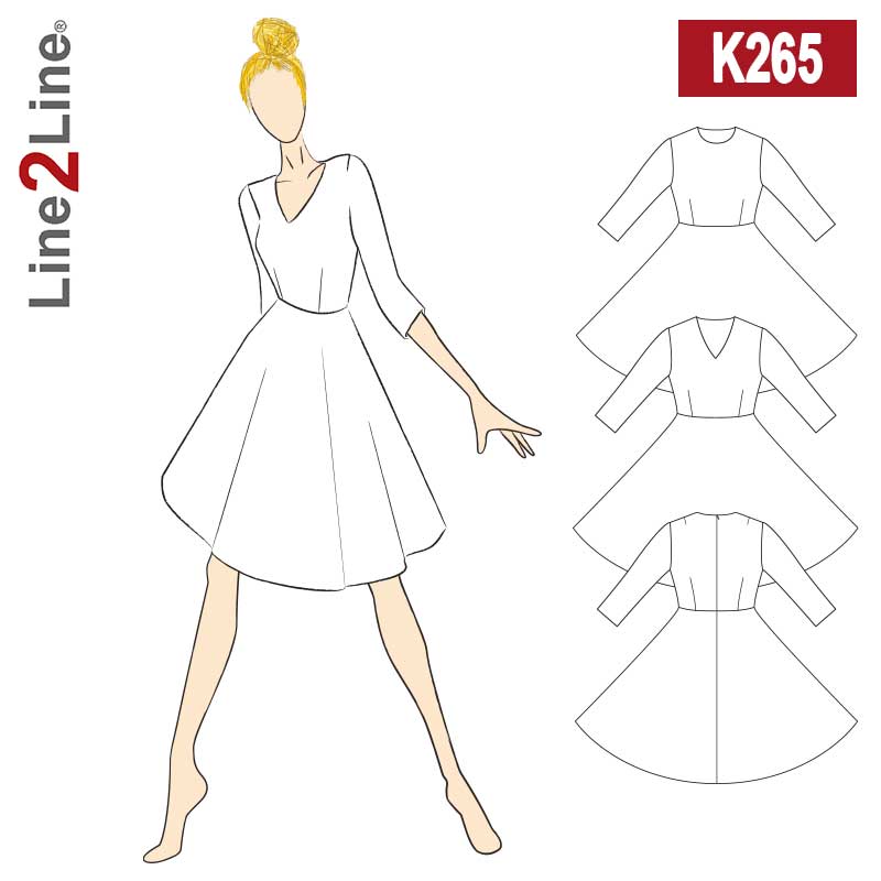 Line2Line K265 Taljeskåret kjole med vidde og rund/V-hals, fast - KreStoffer