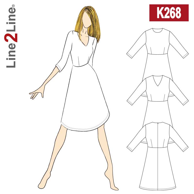 Line2Line K268 Taljeskåret kjole med rund/V-hals, stræk - KreStoffer