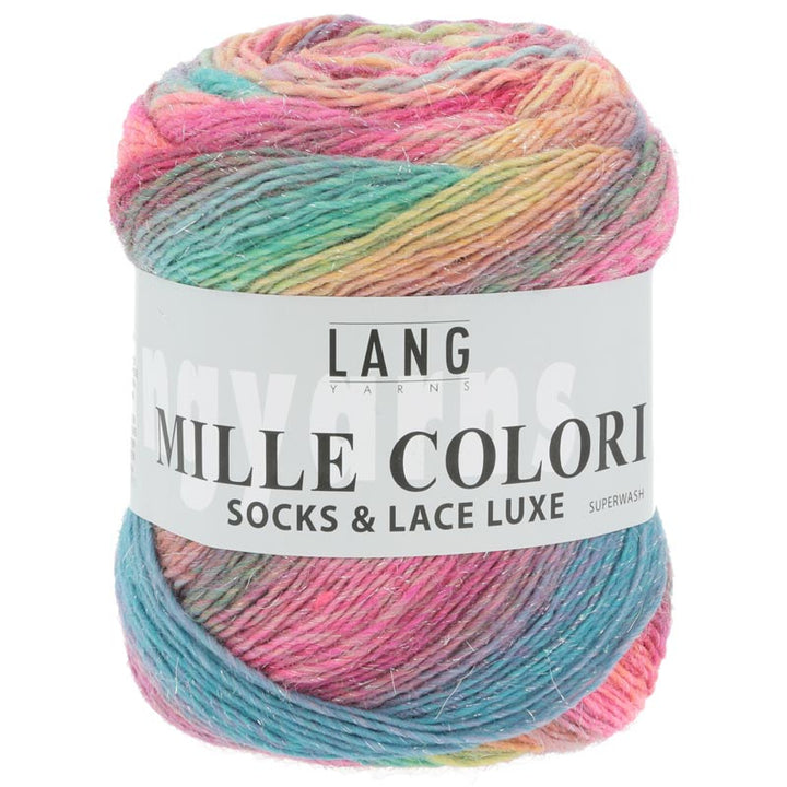 Mille colori socks og lace luxe garn fra Lang Yarns Turkis pink gul grøn