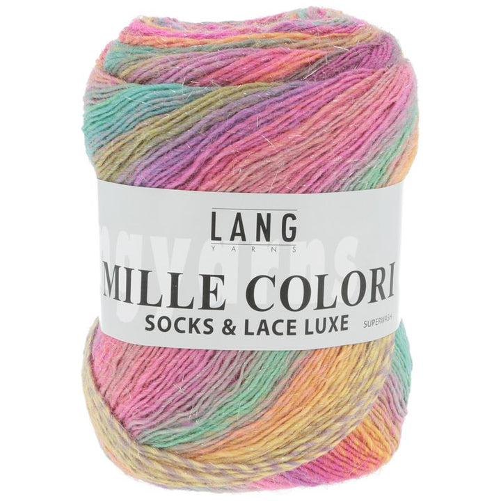 Mille colori socks og lace luxe garn fra Lang Yarns Koral violet grøn orange