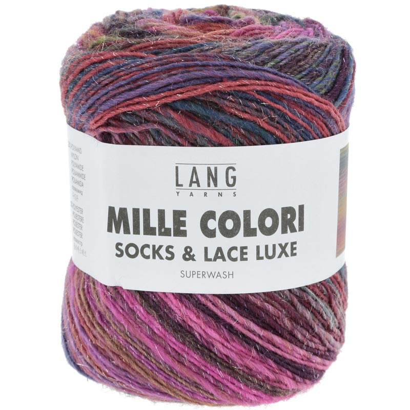 Mille colori socks og lace luxe garn fra Lang Yarns Lilla pink gul grøn